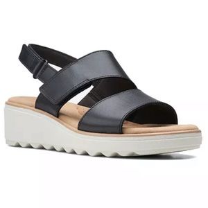 Clarks Jillian Pearl Leather Sandals Women’s Black Wedge Adjustable Strap